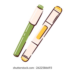 Cartoon doodle green marker and pen tool for creative drawing or highlighting. Vector illustration art tool doodle green marker for artists and students.