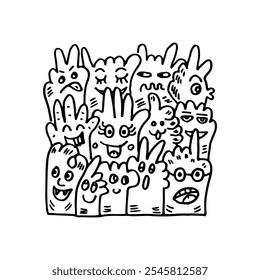 Cartoon doodle of a group of cute, playful monsters illustration.