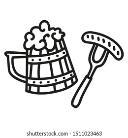 Cartoon doodle hand drawn beer banner. Brewing Festival. Brewery signboard. Funny artwork. Contour picture with barrel, beer mug and sausage.