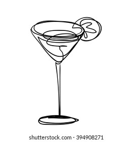 cartoon doodle hand drawn cocktail glass, vector sketch illustration, isolated design object