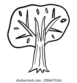 Cartoon doodle hand drawn tree isolated on white background. Childlike style. Sketch woodland icon.