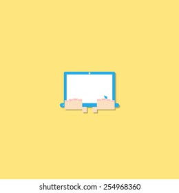 cartoon doodle Hand in notebook of technology, vector illustration