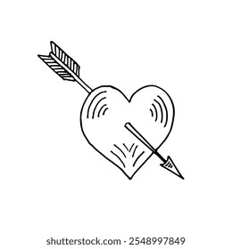 Cartoon doodle hand-drawn heart with an arrow piercing through it.