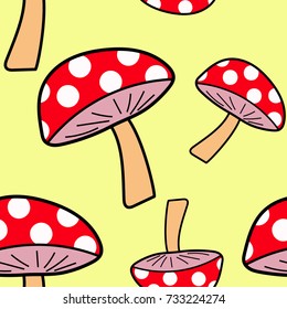 Cartoon doodle hand-drawn mushroom toadstool seamless pattern over a yellow background