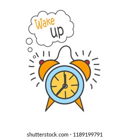 Cartoon doodle handdrawn vector Alarm clock icon, school illustration - education icon, clock with quote Wake up
