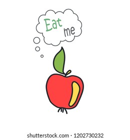 Cartoon doodle handdrawn vector apple icon, school illustration - education icon, measurement scale tool with quote eat me
