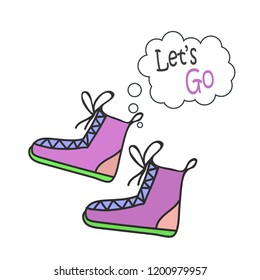 Cartoon doodle handdrawn vector shoes icon, school illustration - education icon with quote let's go