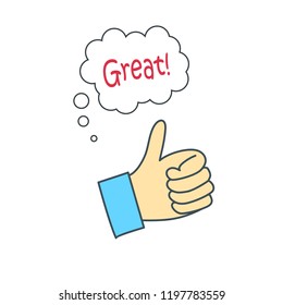 Cartoon doodle handdrawn vector thumbs up icon, school illustration - education icon with quote great