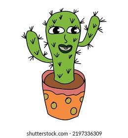 Cartoon doodle happy cactus in the pot isolated on white background. 