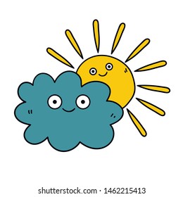 Cartoon doodle happy cloud and sun. Friendship. Weather logo. Vector illustration. 