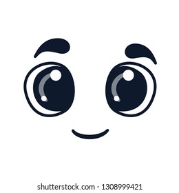 Cartoon doodle happy face expression, emotion. Hand drawn line funny emoticon. Vector outline illustration in kawaii childlike manga cartoon style. Isolated on white background