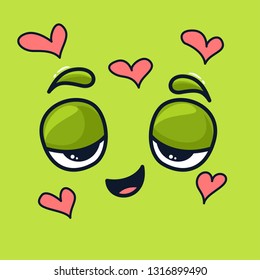 Cartoon doodle happy face expression, emotion. Hand drawn line funny emoticon. Vector outline illustration in kawaii childlike manga cartoon style. Object on green background