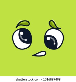 Cartoon doodle happy face expression, emotion. Hand drawn line funny emoticon. Vector outline illustration in kawaii childlike manga cartoon style. Object on green background