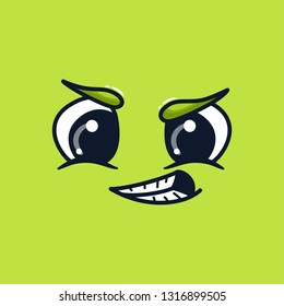 Cartoon doodle happy face expression, emotion. Hand drawn line funny emoticon. Vector outline illustration in kawaii childlike manga cartoon style. Object on green background