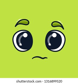 Cartoon doodle happy face expression, emotion. Hand drawn line funny emoticon. Vector outline illustration in kawaii childlike manga cartoon style. Object on green background