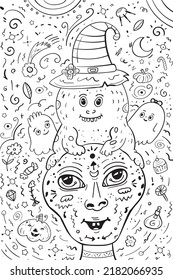 Cartoon doodle Happy Halloween. Monster and Aliens