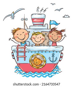 Cartoon doodle happy kids on a cruise ship