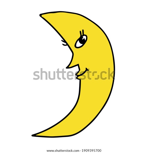 Cartoon doodle happy moon, crescent\
isolated on white background. Vector illustration.\
