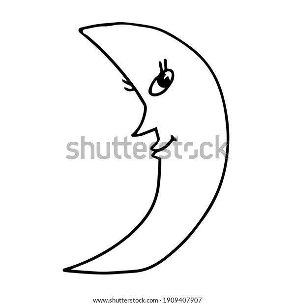 Cartoon doodle happy moon, crescent\
isolated on white background. Vector illustration. \
