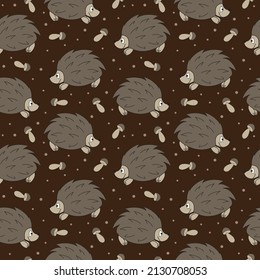 Cartoon doodle hedgehog and mushrooms seamless pattern. Vector illustration.