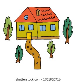 Cartoon doodle house and garden with trees isolated on white background.  Childlike style home. Vector illustration. 
