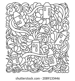 Cartoon doodle houses. Coloring page. Country landscape with trees , Little house and road. Play Mat, Board game, poster for children's room. Hand drawn illustration.
