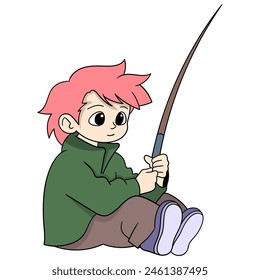 Cartoon doodle of human activities, boy is sitting holding a hook waiting to catch a fish