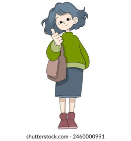 cartoon doodle of human activity shopping, girl is standing carrying a bag in her arms