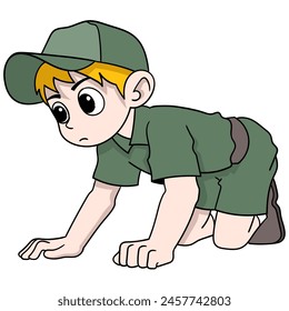 cartoon doodle of human hobby activities, boy scout adventurer is crawling looking for something in the forest