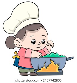 cartoon doodle of human hobby activities, mother is cooking a delicious menu for the whole family