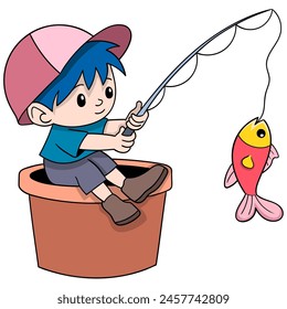 cartoon doodle of human hobby activities, little boy is fishing happily during school holidays