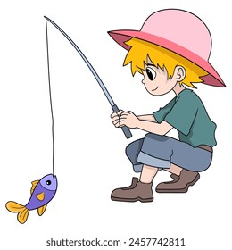 cartoon doodle of human hobby activities, a boy is spending his holiday time fishing