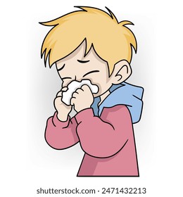 cartoon doodle of humans having to take care of their health, boy covering his face and sneezing and catching a cold