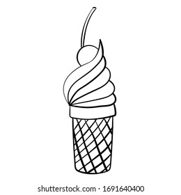 Cartoon doodle ice cream in cone with cherry isolated on white background. Vector illustration. 