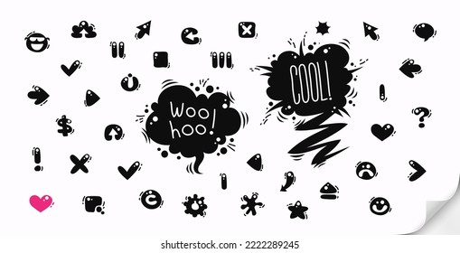 Cartoon Doodle Icons and Design Elements Set. Ui Collection. Isolated on white background.