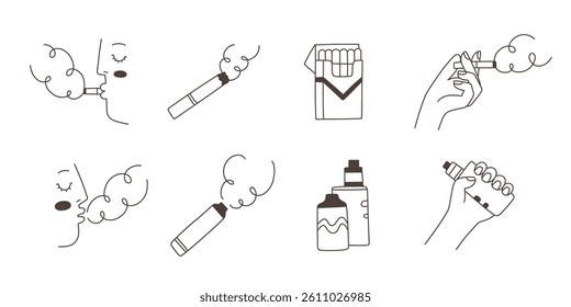 Cartoon doodle icons. Design elements for no smoking, no vaping signs. Vector illustrations of cigarettes and vapes. 