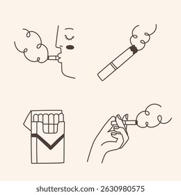 Cartoon doodle icons. Design elements for no smoking signs. Vector illustrations of pack of cigarettes, hand holding cigarette, man smoking.	