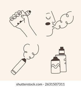 Cartoon doodle icons. Design elements for no smoking, no vaping signs. Vector illustrations of electronic devices, hand holding vape, man vaping.	