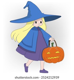 cartoon doodle illustration about halloween festival, beautiful witch is carrying scary pumpkin