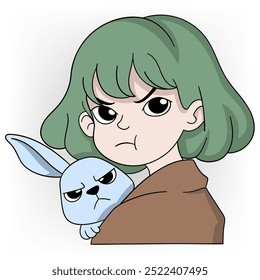 cartoon doodle illustration about human and pet interaction, beautiful short-haired girl holding a rabbit with an annoyed facial expression