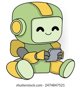 cartoon doodle illustration of advanced technology for the future, a mini robot is using a smartphone to answer questions from people around the world