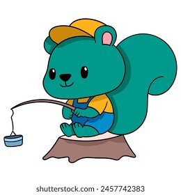 Cartoon doodle illustration of animals acting funny, the baby squirrel was fishing alone