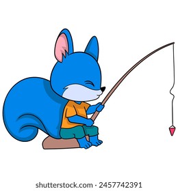 Cartoon doodle illustration of animals acting funny, the blue weasel is fishing alone