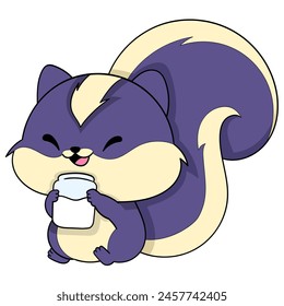 Cartoon doodle illustration of animals acting funny, A small purple skunk is drinking pure milk