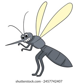 Cartoon doodle illustration of animals acting funny, Naughty mosquitoes are smiling evilly looking for humans