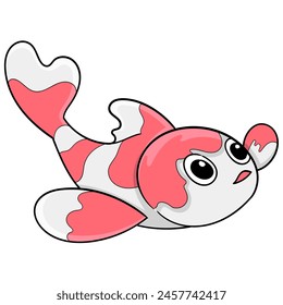 Cartoon doodle illustration of animals acting funny, Red and white koi fish bring good luck