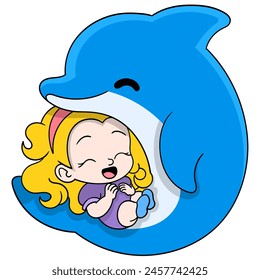 Cartoon doodle illustration of animals acting funny, little blonde girl hugging and playing with dolphins