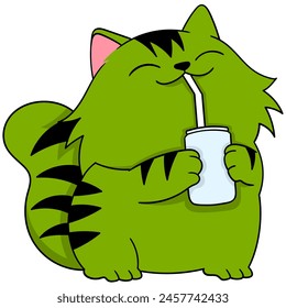 Dibujo animado garabato ilustración de animales actuando divertido, gato gordo verde está disfrutando de beber delicioso hielo