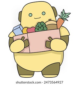cartoon doodle illustration of artificial intelligence implanted in a humanoid, a sophisticated robot serving as a housekeeper carrying groceries