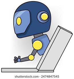 cartoon doodle illustration of artificial intelligence technology embedded in everyday devices, laptops with AI robot technology that helps humans work